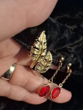 Vintage Silver Leaf Clip Earrings with Red Gem Dangle Accent